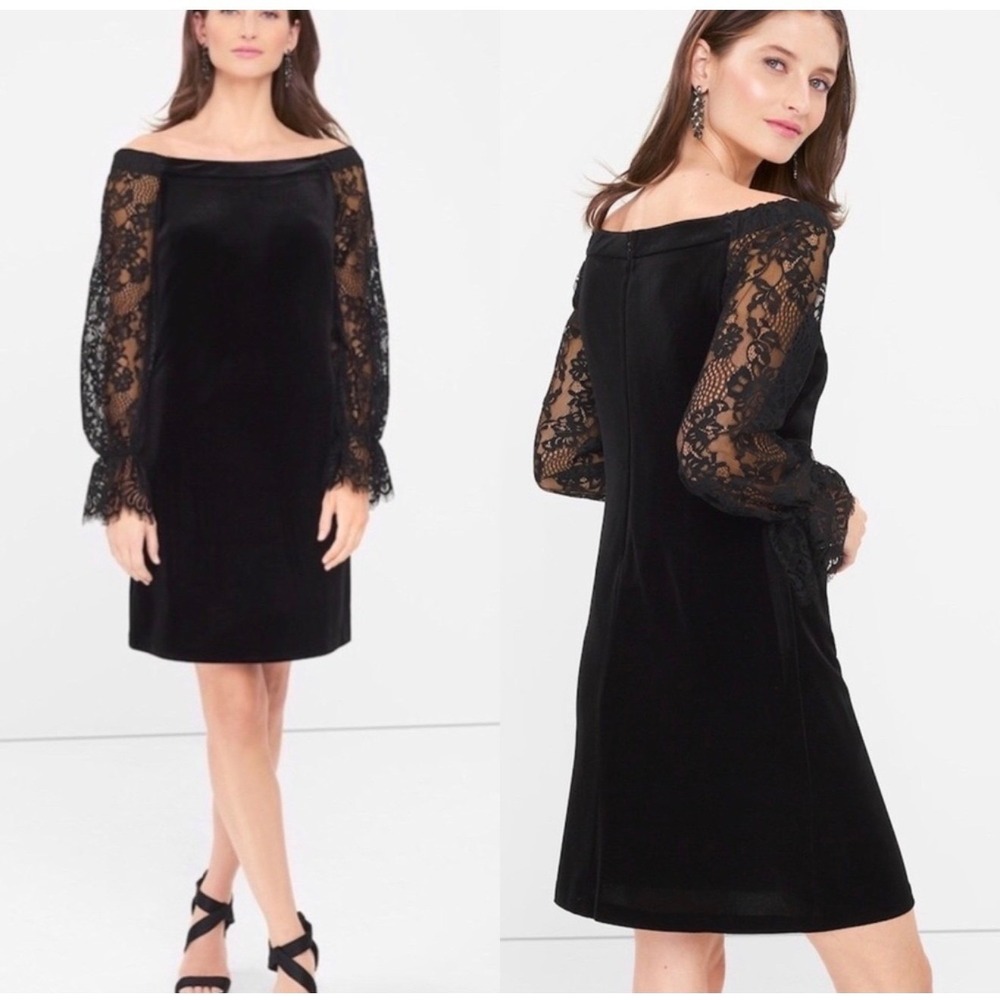White House Black Market Velvet Lace Off Shoulder Dress Black 8 Witchy Goth